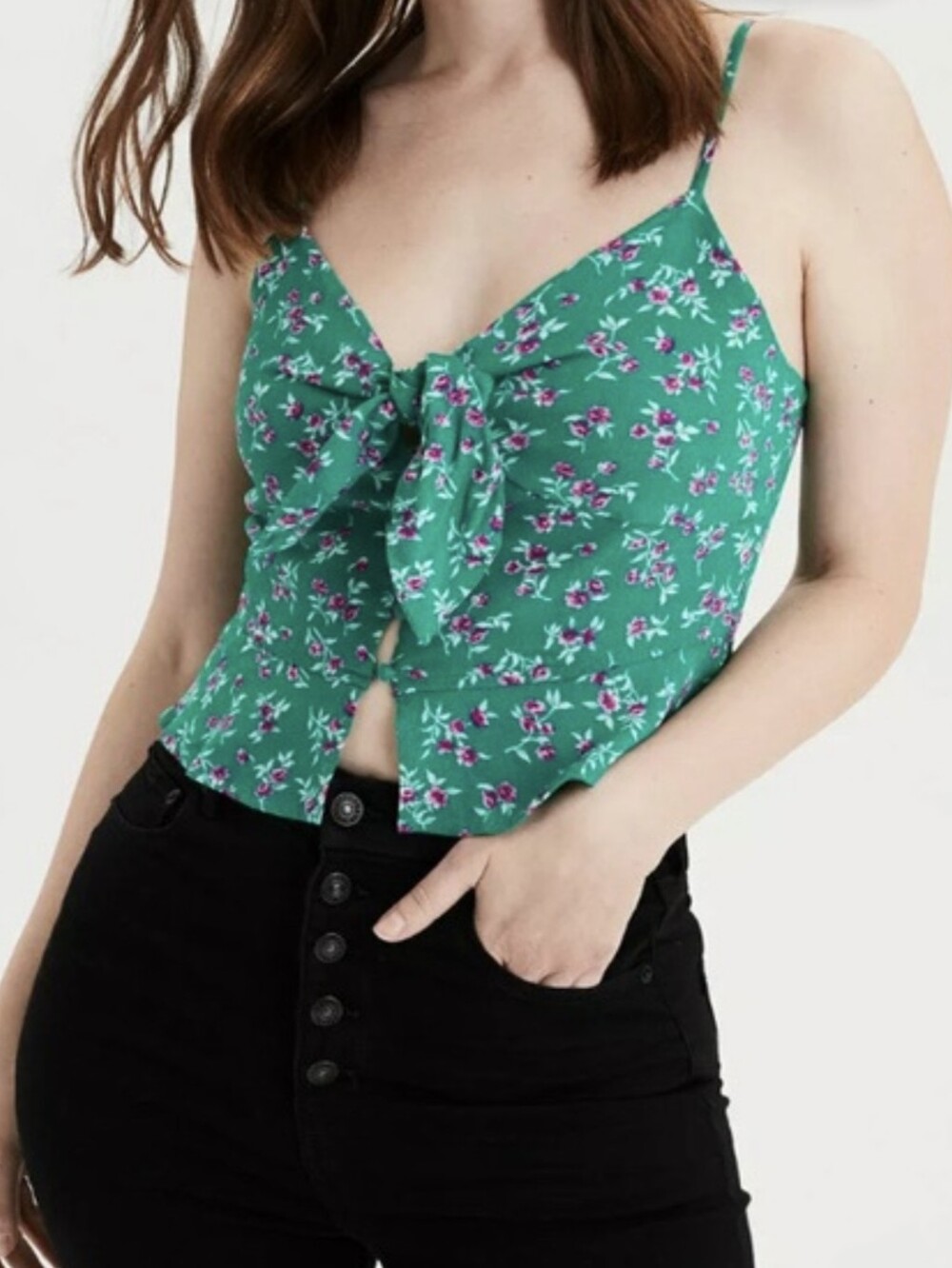 American Eagle Green Floral Tie-Front Cami Top Peplum Rich Girl Button Front
